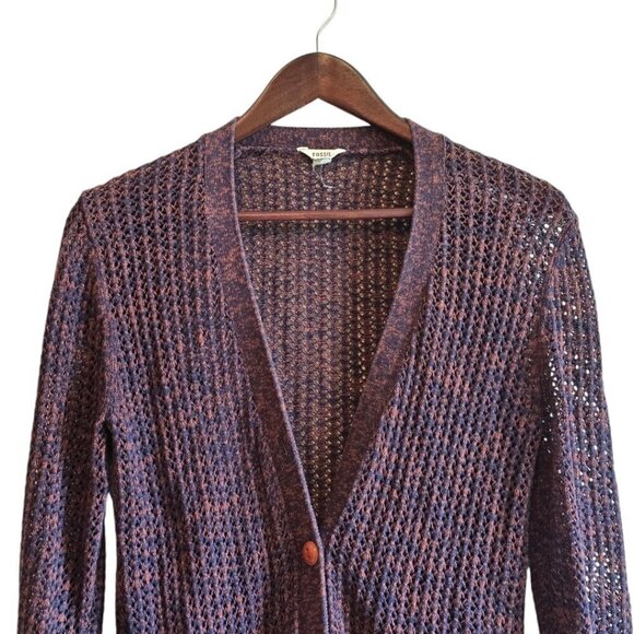 Fossil Marled Open Knit V-Neck Button Front Cardigan Sz S - Picture 2 of 10
